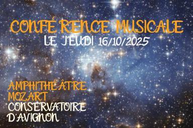 Affiche annonçant la conférence concert « Du piano aux étoiles – une autobiographie musicale » animée par l’astrophysicien et écrivain Jean-Pierre Luminet le 16 octobre 2025
