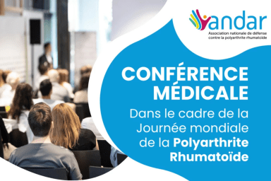 Affiche annonçant la conférence sur l'alimentation et la fatigue chez les personnes atteintes de polyarthrite rhumatoïde organisée le 11 octobre 2025 par l'association ANDAR et le service de Rhumatologie du Centre Hospitalier d'Avignon dans le cadre de la journée mondiale de la polyarthrite rhumatoïde