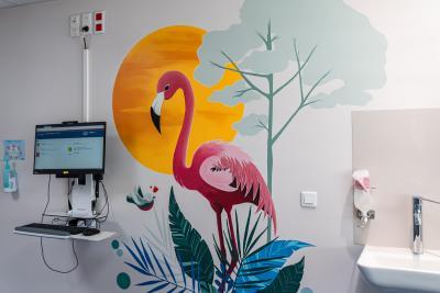 Flamant rose peint en fresques dans le service des urgences pédiatriques du Centre Hospitalier d'Avignon - Agrandir l'image 3 sur 3, fenêtre modale