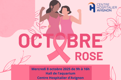 Affiche annonçant les actions organisées par le Centre Hospitalier d'Avignon et ses partenaires dans le cadre d'Octobre Rose - Agrandir l'image, fenêtre modale
