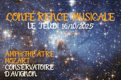 Affiche annonçant la conférence concert « Du piano aux étoiles – une autobiographie musicale » animée par l’astrophysicien et écrivain Jean-Pierre Luminet le 16 octobre 2025 - Agrandir l'image, fenêtre modale