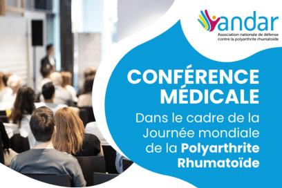Affiche annonçant la conférence sur l'alimentation et la fatigue chez les personnes atteintes de polyarthrite rhumatoïde organisée le 11 octobre 2025 par l'association ANDAR et le service de Rhumatologie du Centre Hospitalier d'Avignon dans le cadre de la journée mondiale de la polyarthrite rhumatoïde - Agrandir l'image, fenêtre modale