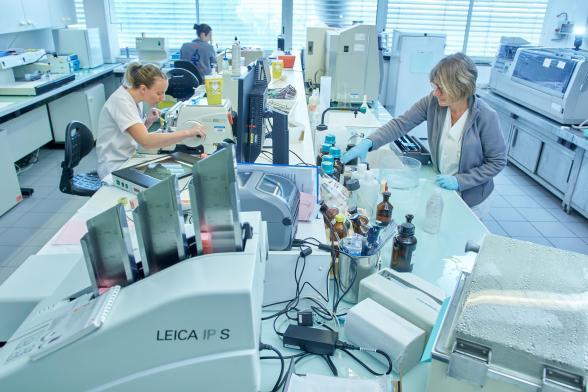 Des techniciennes de laboratoire font des analyses - Agrandir l'image, fenêtre modale